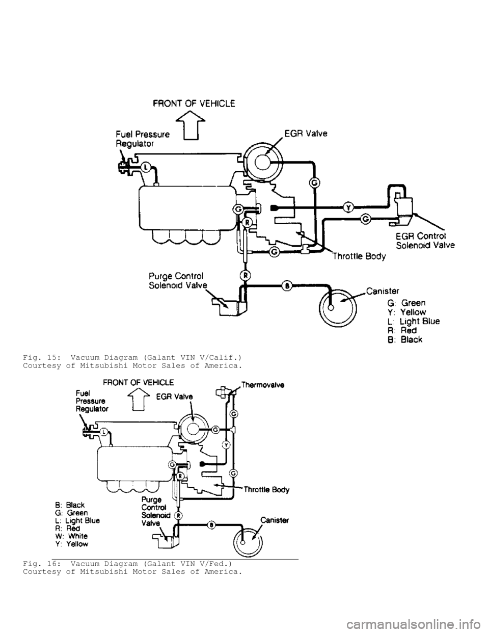 MITSUBISHI MONTERO 1991  Service Manual Fig. 15:  Vacuum Diagram (Galant VIN V/Calif.)
Courtesy of Mitsubishi Motor Sales of America.
Fig. 16:  Vacuum Diagram (Galant VIN V/Fed.)
Courtesy of Mitsubishi Motor Sales of America.               