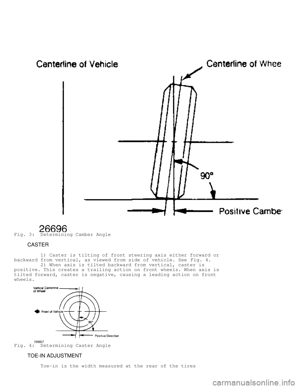 MITSUBISHI MONTERO 1991  Service Manual Fig. 3:  Determining Camber Angle
         CASTER
         1) Caster is tilting of front steering axis either forward or
backward from vertical, as viewed from side of vehicle. See  Fig. 4.
         2