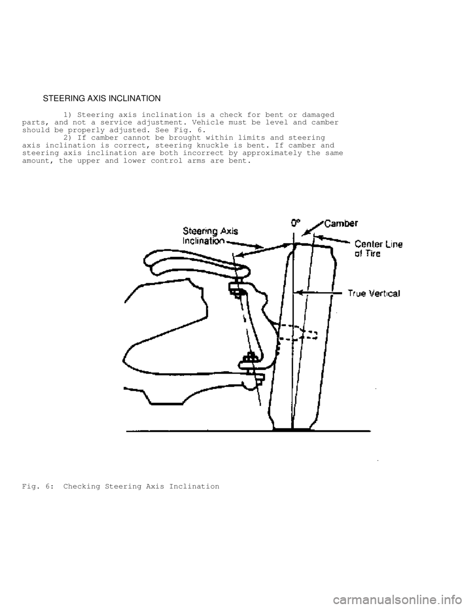 MITSUBISHI MONTERO 1991  Service Manual          STEERING AXIS INCLINATION
         1) Steering axis inclination is a check for bent or damaged
parts, and not a service adjustment. Vehicle must be level and camber
should be properly adjuste