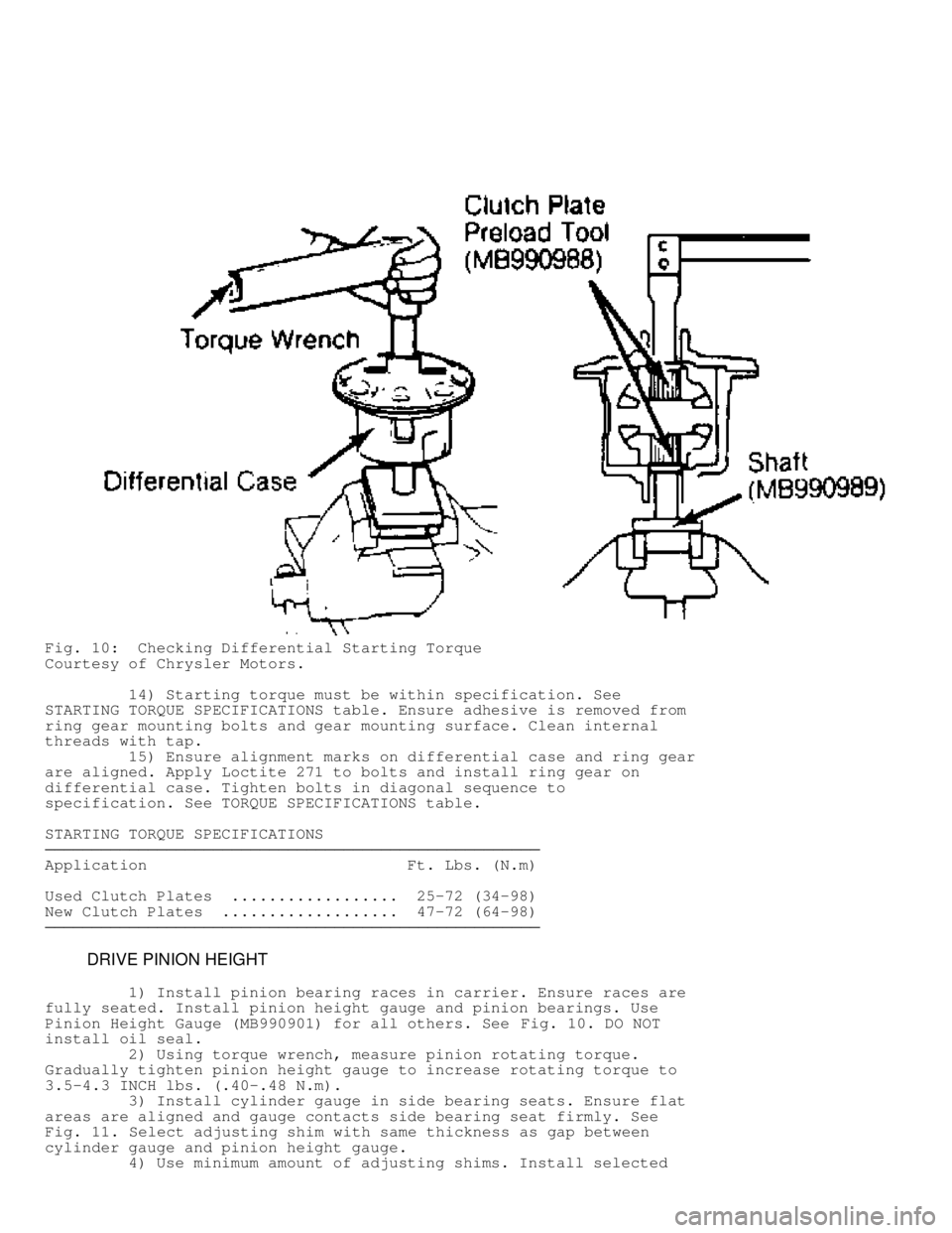 MITSUBISHI MONTERO 1991  Service Manual Fig. 10:  Checking Differential Starting Torque
Courtesy of Chrysler Motors.
         14) Starting torque must be within specification. See
STARTING TORQUE SPECIFICATIONS table. Ensure adhesive is rem
