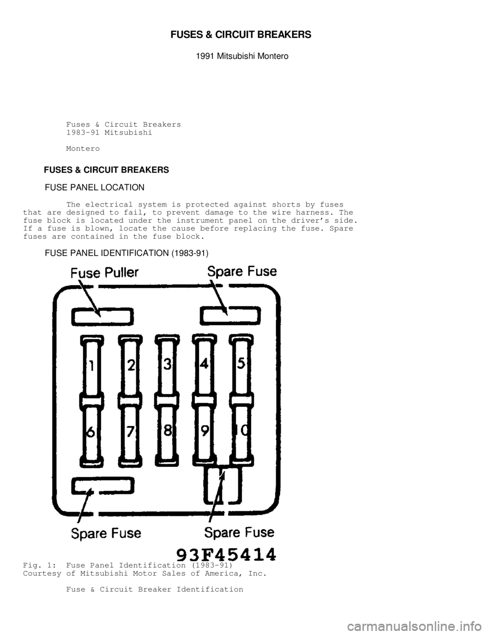 MITSUBISHI MONTERO 1991  Service Manual FU SES &  C IR CUIT  B REA K ER S 

1991 M it s u bis h i  M onte ro
          Fuses & Circuit Breakers
          1983-91 Mitsubishi
          Montero
         FUSES & CIRCUIT BREAKERS
          FUSE