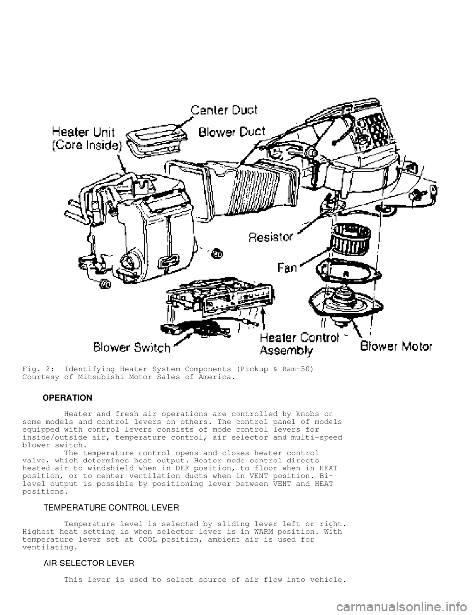 MITSUBISHI MONTERO 1991 Service Manual Fig. 2: Identifying Heater System Components (Pickup & Ram-50)
Courtesy of Mitsubishi Motor Sales of America.
OPERATION
Heater and fresh air operations are controlled by knobs on
so MITSUBISHI MONTERO 1991 Service Manual Fig. 2: Identifying Heater System Components (Pickup & Ram-50)
Courtesy of Mitsubishi Motor Sales of America.
OPERATION
Heater and fresh air operations are controlled by knobs on
so
