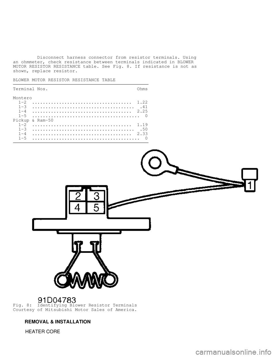 MITSUBISHI MONTERO 1991  Service Manual          Disconnect harness connector from resistor terminals. Using
an ohmmeter, check resistance between terminals indicated in BLOWER
MOTOR RESISTOR RESISTANCE table. See Fig. 8. If resistance is n