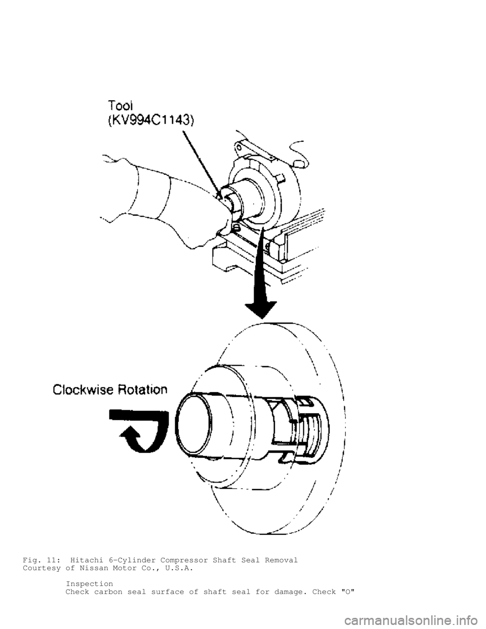 MITSUBISHI MONTERO 1991  Service Manual Fig. 11:  Hitachi 6-Cylinder Compressor Shaft Seal Removal
Courtesy of Nissan Motor Co., U.S.A.
         Inspection
         Check carbon seal surface of shaft seal for damage. Check "O"              