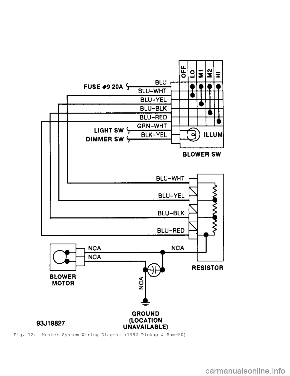 MITSUBISHI MONTERO 1991  Service Manual Fig. 12:  Heater System Wiring Diagram (1992 Pickup & Ram-50)                                  