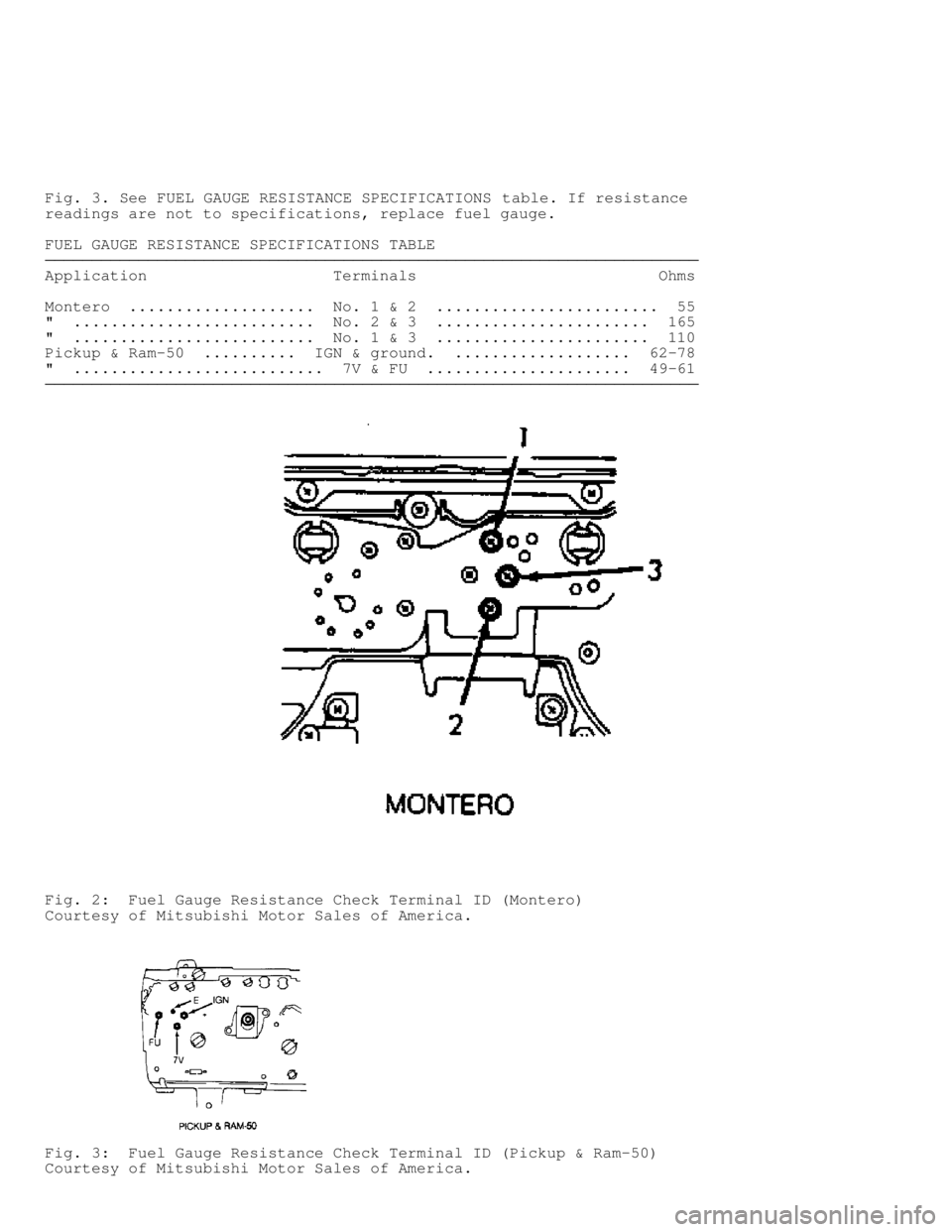 MITSUBISHI MONTERO 1991  Service Manual Fig. 3. See FUEL GAUGE RESISTANCE SPECIFICATIONS  table. If resistance
readings are not to specifications, replace fuel gauge.
FUEL GAUGE RESISTANCE SPECIFICATIONS TABLE
���������\
�����