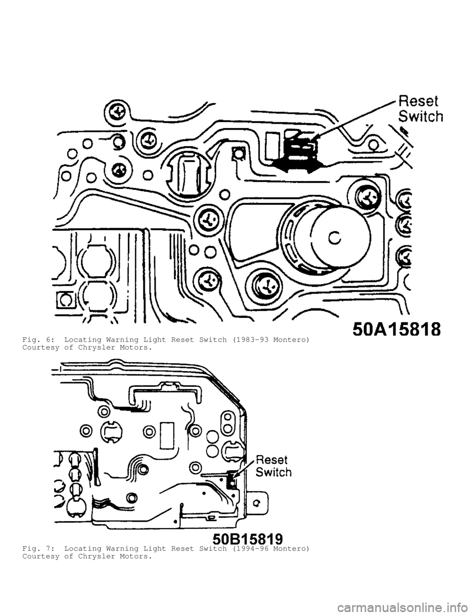 MITSUBISHI MONTERO 1991  Service Manual Fig. 6:  Locating Warning Light Reset Switch (1983-93 Montero)
Courtesy of Chrysler Motors.
Fig. 7:  Locating Warning Light Reset Switch (1994-96 Montero)
Courtesy of Chrysler Motors.                 