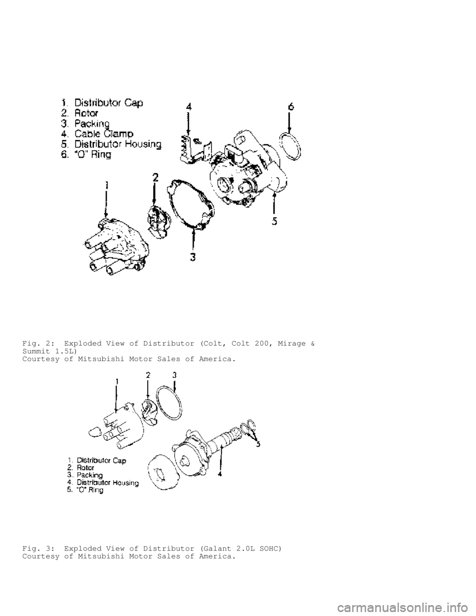 MITSUBISHI MONTERO 1991  Service Manual Fig. 2:  Exploded View of Distributor (Colt, Colt 200, Mirage &
Summit 1.5L)
Courtesy of Mitsubishi Motor Sales of America.
Fig. 3:  Exploded View of Distributor (Galant 2.0L SOHC)
Courtesy of Mitsubi