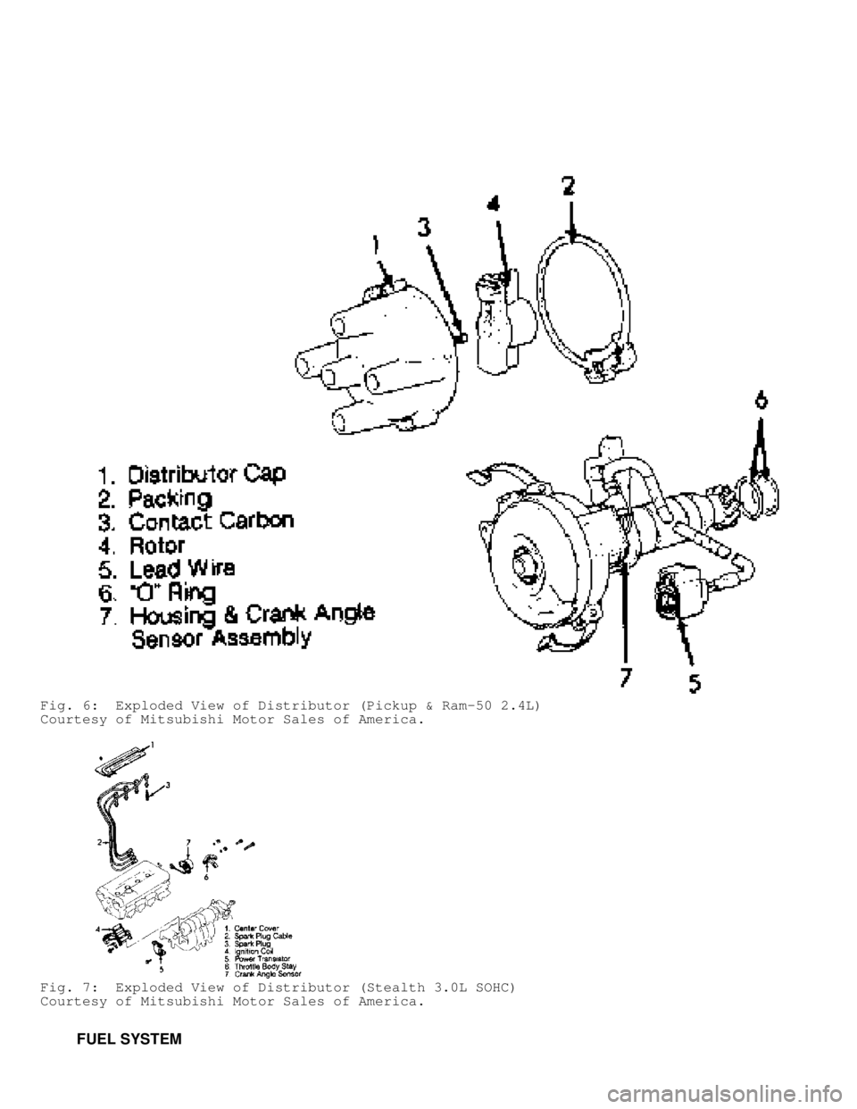 MITSUBISHI MONTERO 1991  Service Manual Fig. 6:  Exploded View of Distributor (Pickup & Ram-50 2.4L)
Courtesy of Mitsubishi Motor Sales of America.
Fig. 7:  Exploded View of Distributor (Stealth 3.0L SOHC)
Courtesy of Mitsubishi Motor Sales