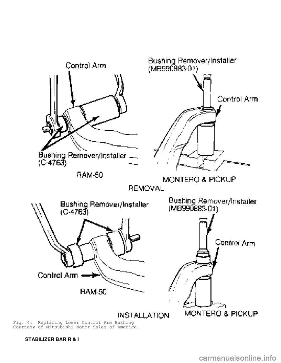 MITSUBISHI MONTERO 1991  Service Manual Fig. 4:  Replacing Lower Control Arm Bushing
Courtesy of Mitsubishi Motor Sales of America.
         STABILIZER BAR R & I                                          