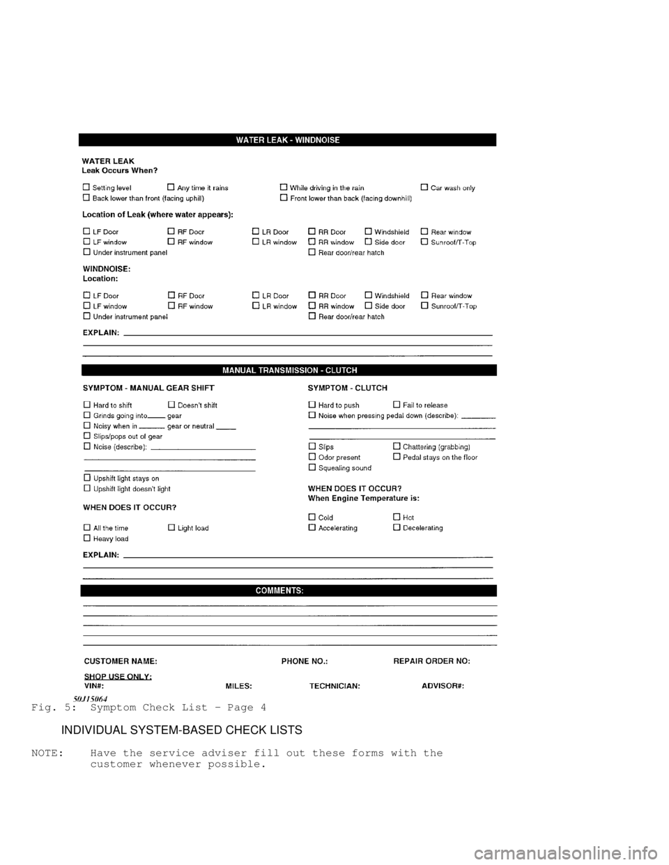 MITSUBISHI MONTERO 1991  Service Manual Fig. 5:  Symptom Check List - Page 4
         INDIVIDUAL SYSTEM-BASED CHECK LISTS
NOTE:    Have the service adviser fill out these forms with the
         customer whenever possible.                  