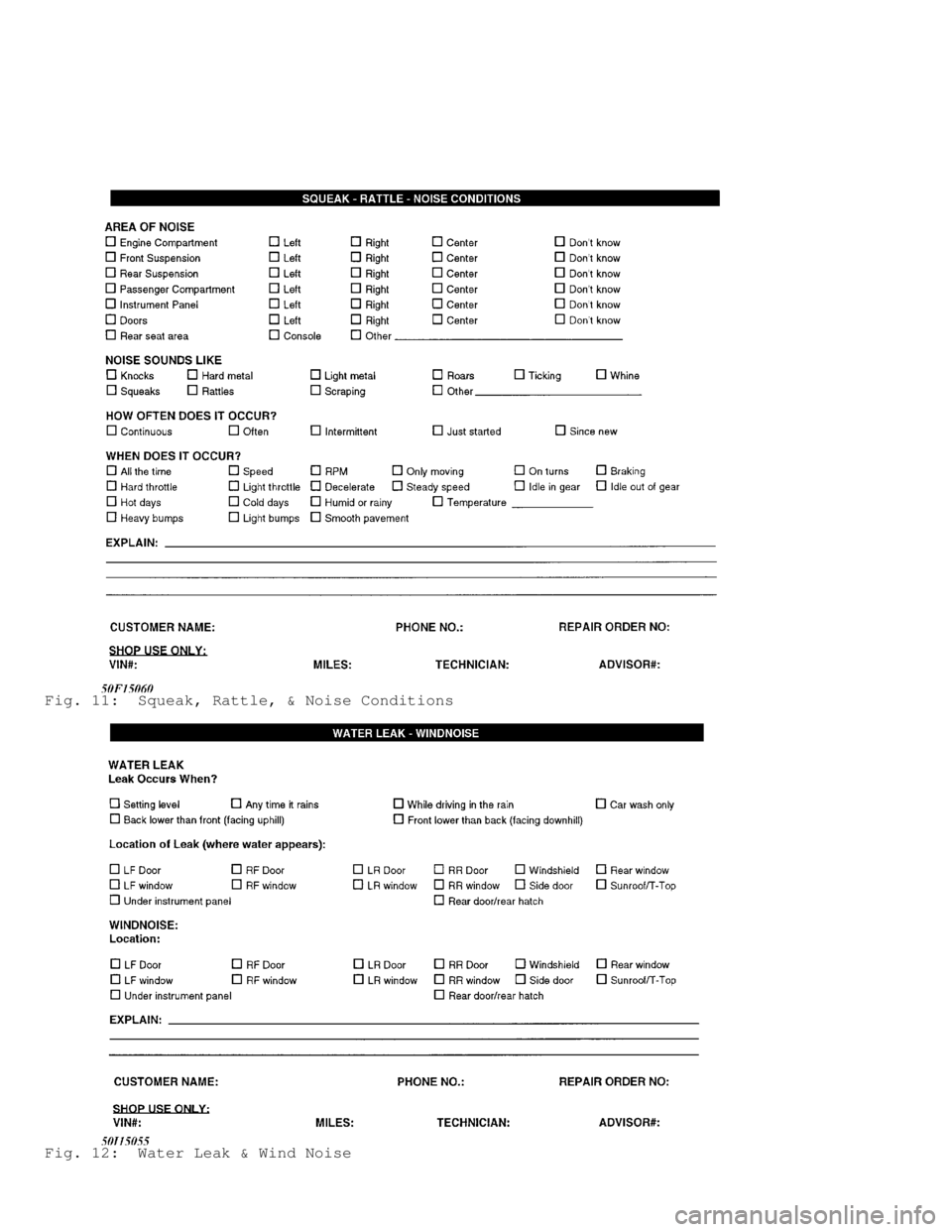 MITSUBISHI MONTERO 1991  Service Manual Fig. 11:  Squeak, Rattle, & Noise Conditions
Fig. 12:  Water Leak & Wind Noise                                  