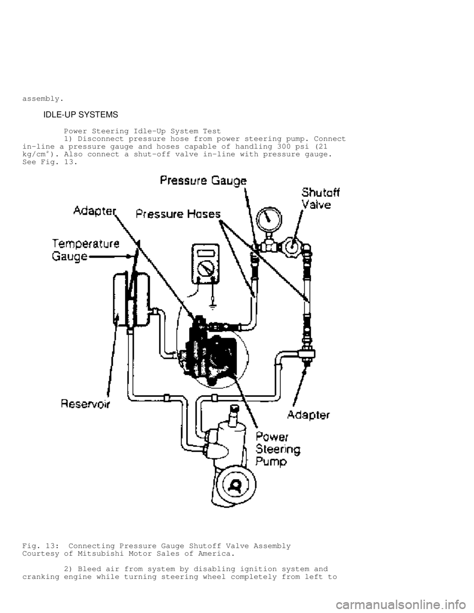 MITSUBISHI MONTERO 1991  Service Manual assembly.
         IDLE-UP SYSTEMS
         Power Steering Idle-Up System Test
         1) Disconnect pressure hose from power steering pump. Connect
in-line a pressure gauge and hoses capable of hand