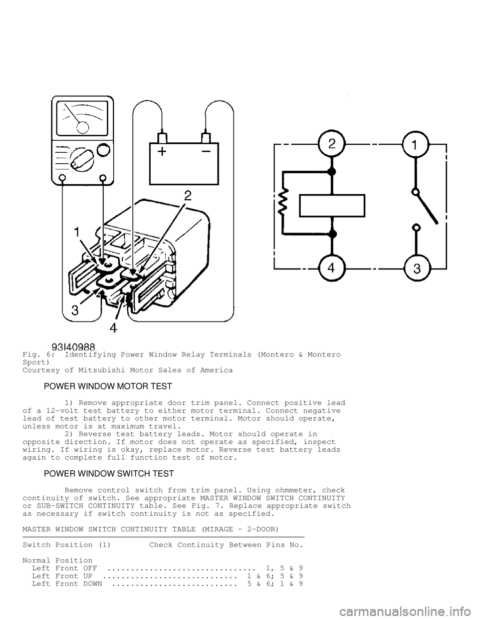 MITSUBISHI MONTERO 1998 Service Manual Fig. 6: Identifying Power Window Relay Terminals (Montero & Montero
Sport)
Courtesy of Mitsubishi Motor Sales of America
POWER WINDOW MOTOR TEST
1) Remove appropriate door trim pane MITSUBISHI MONTERO 1998 Service Manual Fig. 6: Identifying Power Window Relay Terminals (Montero & Montero
Sport)
Courtesy of Mitsubishi Motor Sales of America
POWER WINDOW MOTOR TEST
1) Remove appropriate door trim pane