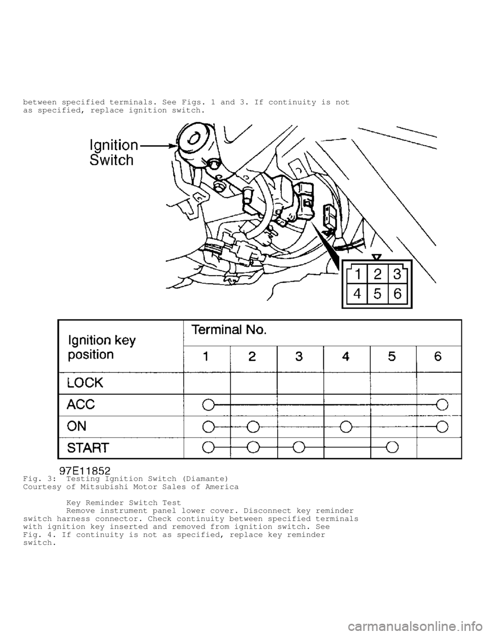 MITSUBISHI MONTERO 1998  Service Manual between specified terminals. See Figs. 1 and 3. If continuity is not
as specified, replace ignition switch.
Fig. 3:  Testing Ignition Switch (Diamante)
Courtesy of Mitsubishi Motor Sales of America
  