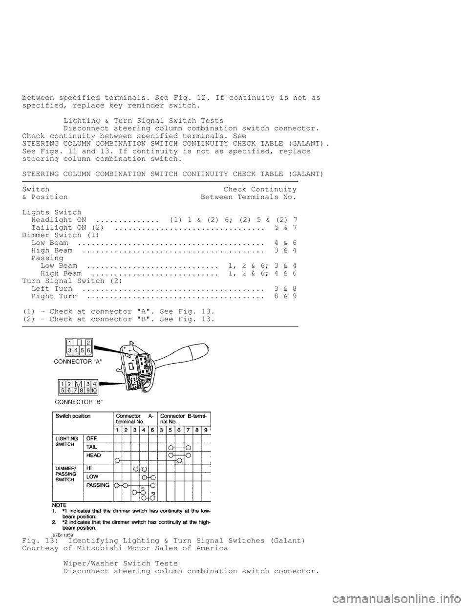MITSUBISHI MONTERO 1998  Service Manual between specified terminals. See Fig. 12. If continuity is not as
specified, replace key reminder switch.
          Lighting & Turn Signal Switch Tests
         Disconnect steering column combination 