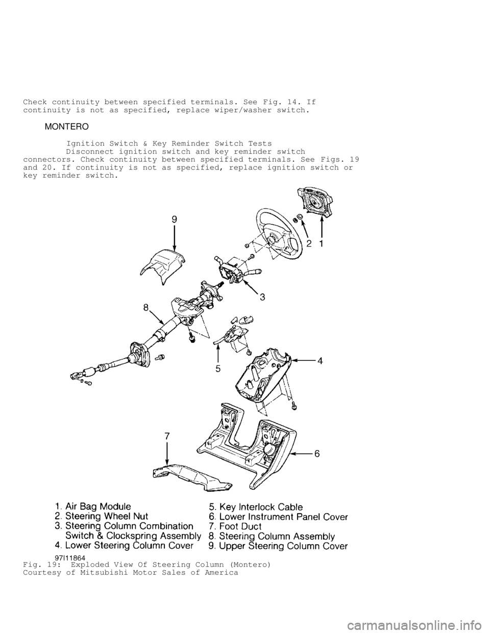 MITSUBISHI MONTERO 1998  Service Manual Check continuity between specified terminals. See Fig. 14. If
continuity is not as specified, replace wiper/washer switch.
          MONTERO
          Ignition Switch & Key Reminder Switch Tests
     
