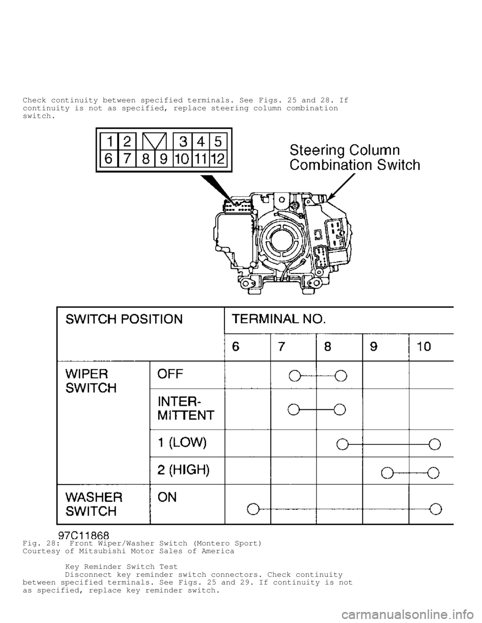 MITSUBISHI MONTERO 1998  Service Manual Check continuity between specified terminals. See Figs. 25 and 28. If
continuity is not as specified, replace steering column combination
switch.
Fig. 28:  Front Wiper/Washer Switch (Montero Sport)
Co