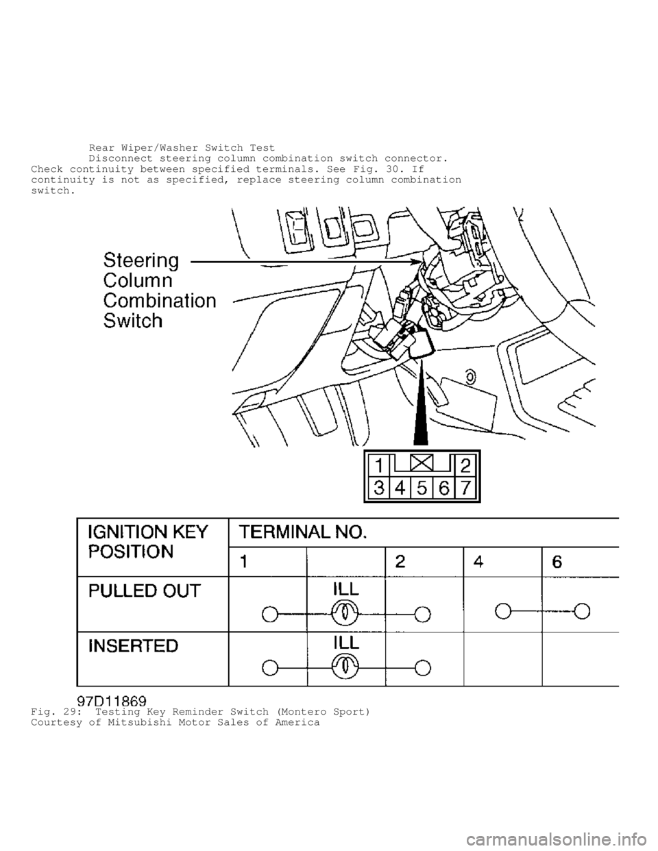 MITSUBISHI MONTERO 1998  Service Manual          Rear Wiper/Washer Switch Test
         Disconnect steering column combination switch connector.
Check continuity between specified terminals. See  Fig. 30. If
continuity is not as specified, 