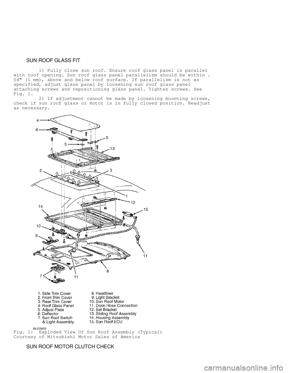 MITSUBISHI MONTERO 1998  Service Manual          SUN ROOF GLASS FIT
         1) Fully close sun roof. Ensure roof glass panel is parallel
with roof opening. Sun roof glass panel parallelism should be within .
04" (1 mm), above and below roo