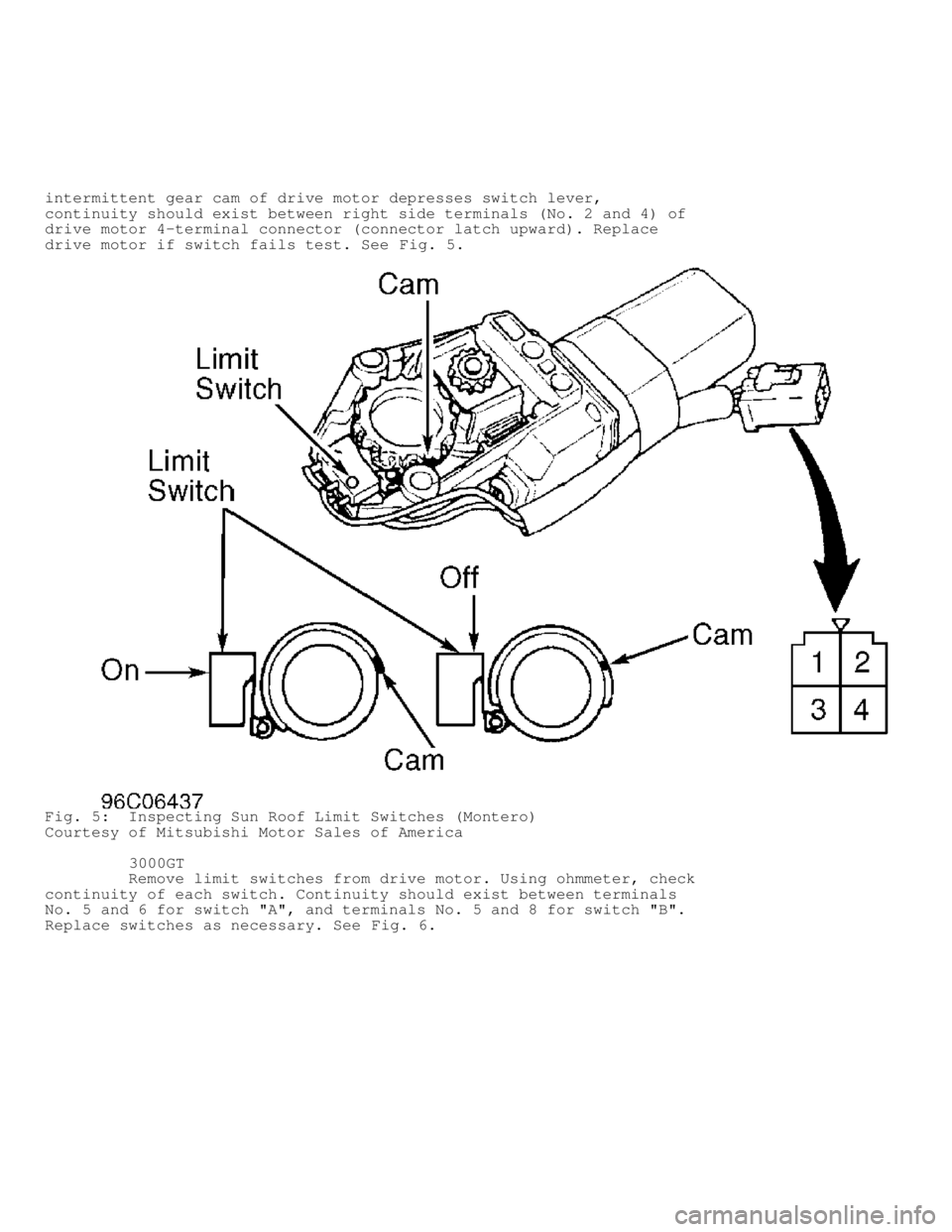 MITSUBISHI MONTERO 1998  Service Manual intermittent gear cam of drive motor depresses switch lever,
continuity should exist between right side terminals (No. 2 and 4) of
drive motor 4-terminal connector (connector latch upward). Replace
dr
