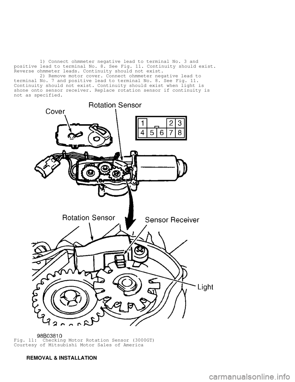 MITSUBISHI MONTERO 1998  Service Manual          1) Connect ohmmeter negative lead to terminal No. 3 and
positive lead to terminal No. 8. See Fig. 11. Continuity should exist.
Reverse ohmmeter leads. Continuity should not exist.
         2)