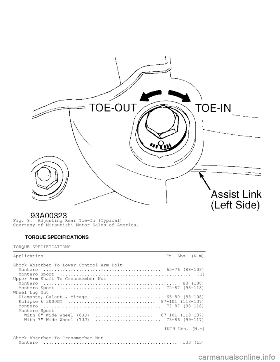 MITSUBISHI MONTERO 1998  Service Manual Fig. 9:  Adjusting Rear Toe-In (Typical)
Courtesy of Mitsubishi Motor Sales of America.
         TORQUE SPECIFICATIONS
TORQUE SPECIFICATIONS���������\
���������\
���������\
