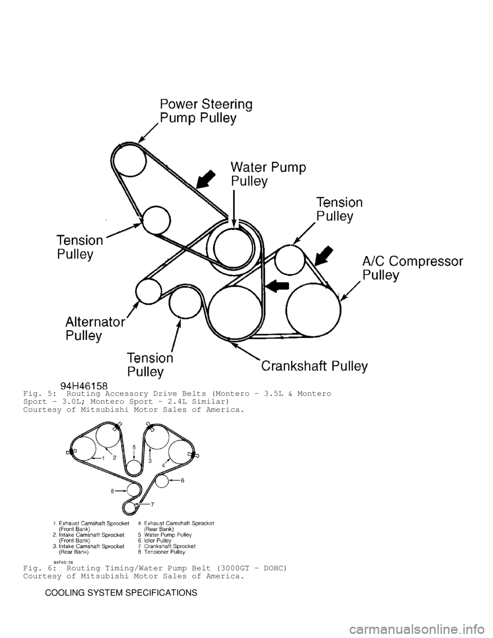 MITSUBISHI MONTERO 1998  Service Manual Fig. 5:  Routing Accessory Drive Belts (Montero - 3.5L & Montero
Sport - 3.0L; Montero Sport - 2.4L Similar)
Courtesy of Mitsubishi Motor Sales of America.
Fig. 6:  Routing Timing/Water Pump Belt (300