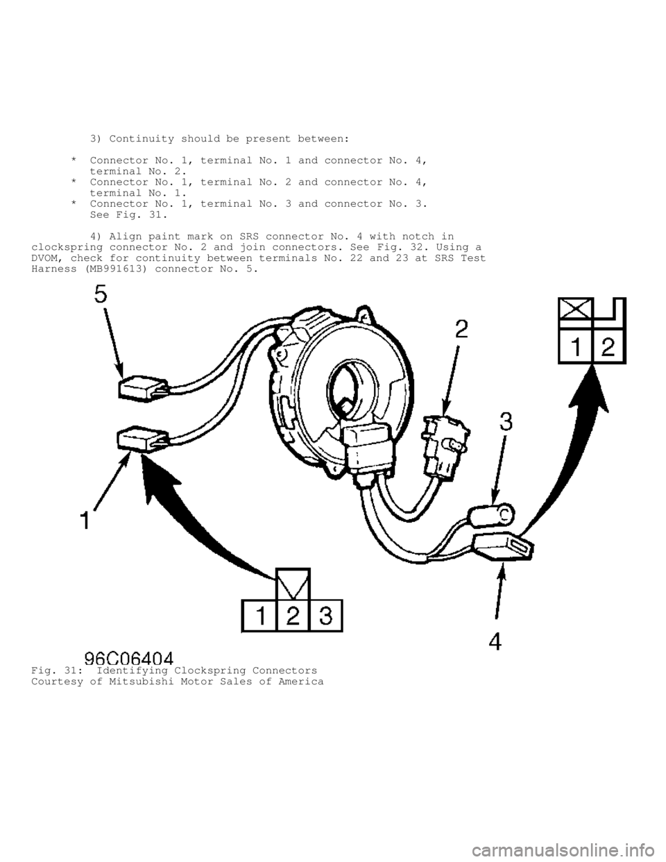 MITSUBISHI MONTERO 1998  Service Manual          3) Continuity should be present between:
      *  Connector No. 1, terminal No. 1 and connector No. 4,
         terminal No. 2.
       *  Connector No. 1, terminal No. 2 and connector No. 4,
