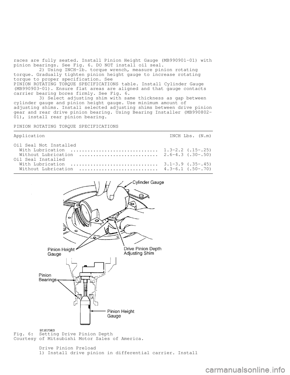 MITSUBISHI MONTERO 1998  Service Manual races are fully seated. Install Pinion Height Gauge (MB990901-01) with\
pinion bearings. See Fig. 6. DO NOT install oil seal.
         2) Using INCH-lb. torque wrench, measure pinion rotating
torque.