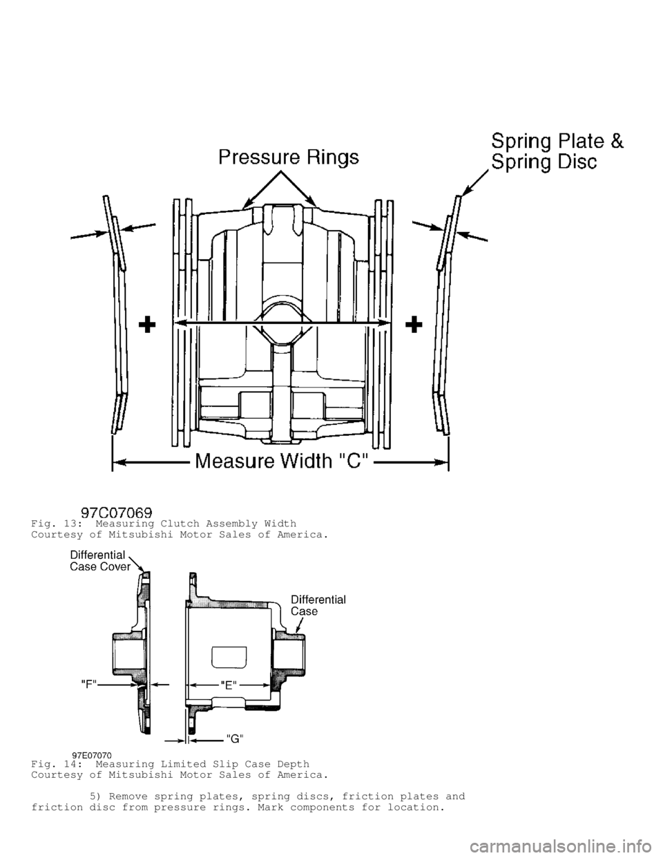 MITSUBISHI MONTERO 1998  Service Manual Fig. 13:  Measuring Clutch Assembly Width
Courtesy of Mitsubishi Motor Sales of America.
Fig. 14:  Measuring Limited Slip Case Depth
Courtesy of Mitsubishi Motor Sales of America.
         5) Remove s