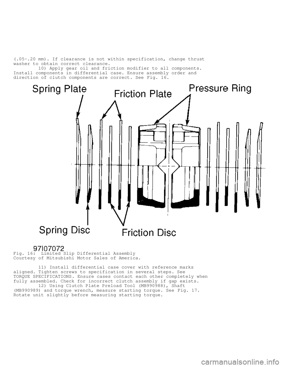MITSUBISHI MONTERO 1998  Service Manual (.05-.20 mm). If clearance is not within specification, change thrust
washer to obtain correct clearance.
         10) Apply gear oil and friction modifier to all components.
Install components in dif