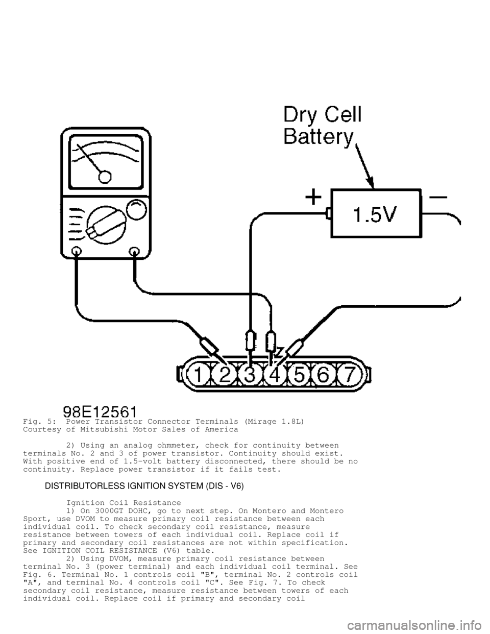 MITSUBISHI MONTERO 1998  Service Manual Fig. 5:  Power Transistor Connector Terminals (Mirage 1.8L)
Courtesy of Mitsubishi Motor Sales of America
         2) Using an analog ohmmeter, check for continuity between
terminals No. 2 and 3 of po