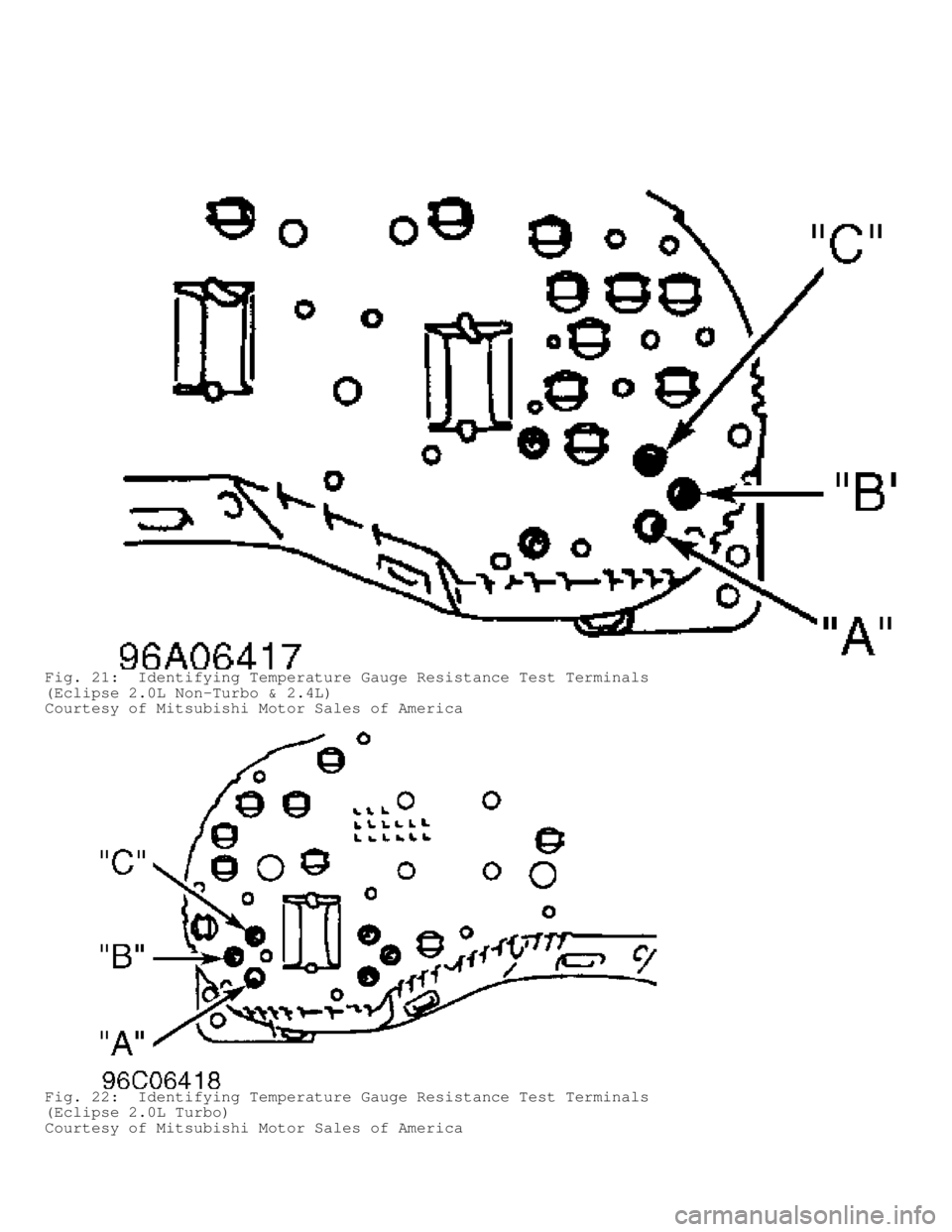 MITSUBISHI MONTERO 1998  Service Manual Fig. 21:  Identifying Temperature Gauge Resistance Test Terminals
(Eclipse 2.0L Non-Turbo & 2.4L)
Courtesy of Mitsubishi Motor Sales of America
Fig. 22:  Identifying Temperature Gauge Resistance Test 