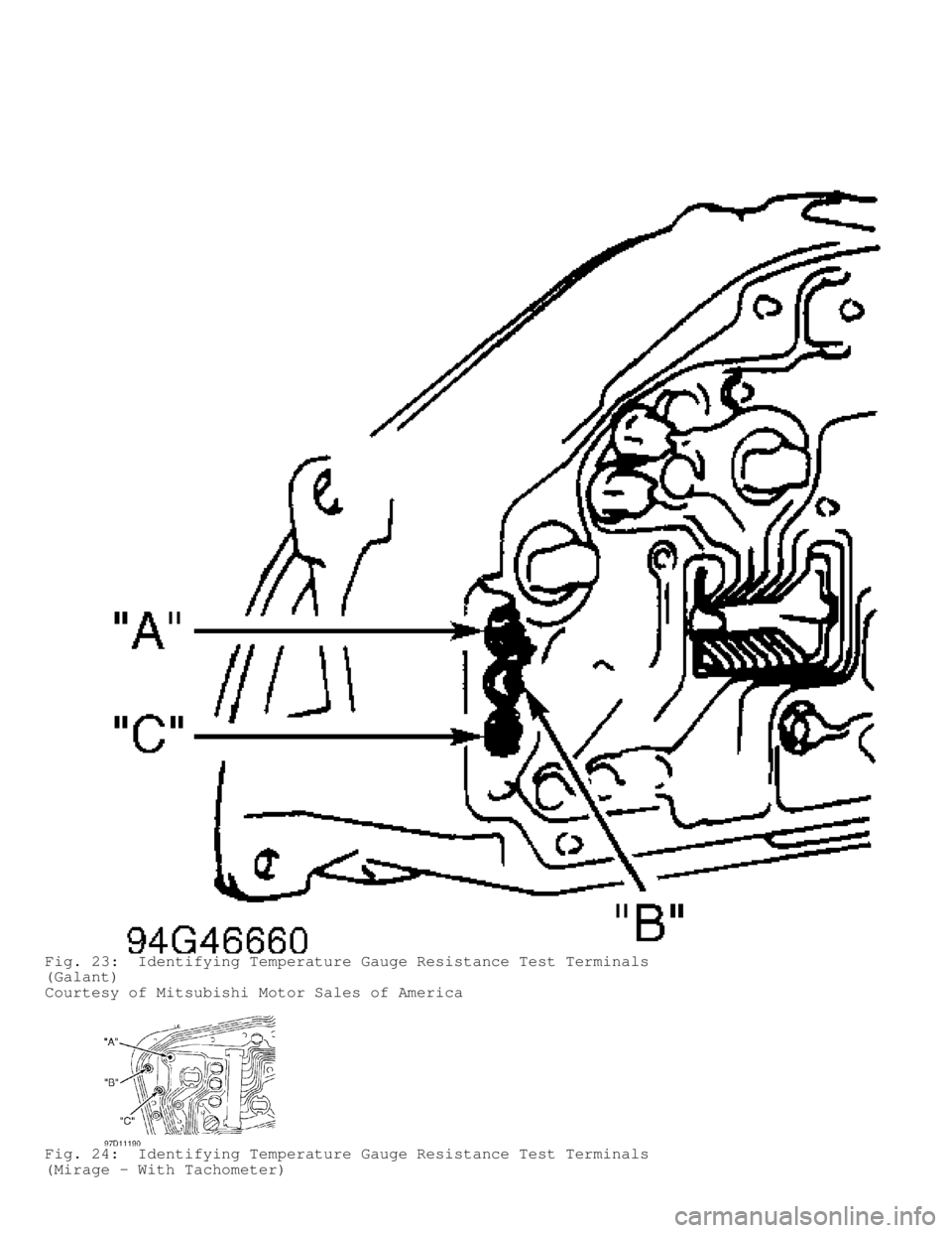 MITSUBISHI MONTERO 1998  Service Manual Fig. 23:  Identifying Temperature Gauge Resistance Test Terminals
(Galant)
Courtesy of Mitsubishi Motor Sales of America
Fig. 24:  Identifying Temperature Gauge Resistance Test Terminals
(Mirage - Wit