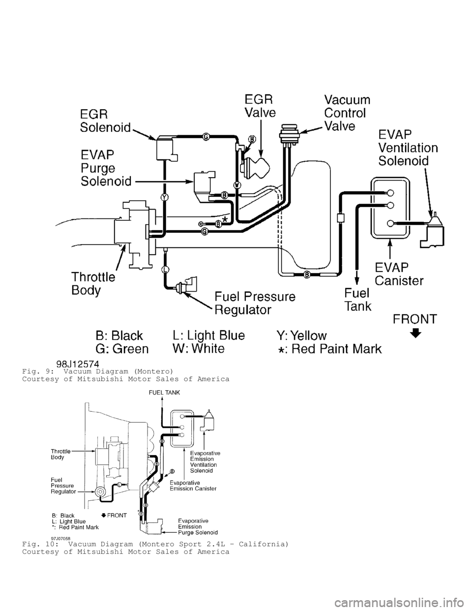 MITSUBISHI MONTERO 1998  Service Manual Fig. 9:  Vacuum Diagram (Montero)
Courtesy of Mitsubishi Motor Sales of America
Fig. 10:  Vacuum Diagram (Montero Sport 2.4L - California)
Courtesy of Mitsubishi Motor Sales of America                