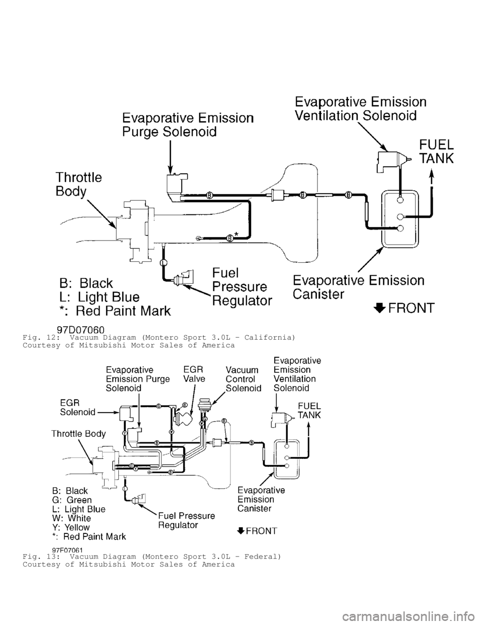MITSUBISHI MONTERO 1998  Service Manual Fig. 12:  Vacuum Diagram (Montero Sport 3.0L - California)
Courtesy of Mitsubishi Motor Sales of America
Fig. 13:  Vacuum Diagram (Montero Sport 3.0L - Federal)
Courtesy of Mitsubishi Motor Sales of A