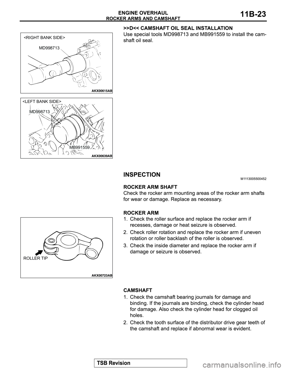 MITSUBISHI MONTERO SPORT 2004  Service Repair Manual <RIGHT BANK SIDE>
MD998713
<LEFT BANK SIDE>
MB991559
MD998713
ROLLER TIP 