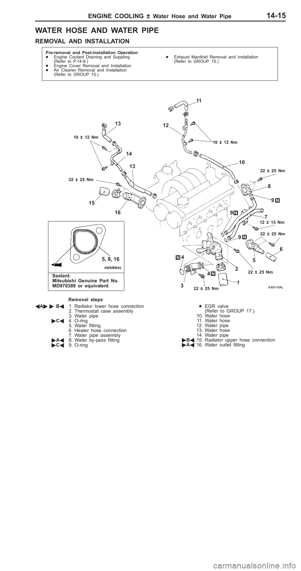 MITSUBISHI PAJERO PININ 2000  Workshop Manual �#
���	 �" ��* �( � �	 �� �+�- ��# ���	 �" �� �� �	
R EM OVA L  A ND  IN STA LLA TIO N 1
3
9 4
R em oval s te p s
 A� � B 1. R adia to r lo w er h ose  c o nnectio n
2 . Therm osta t c a