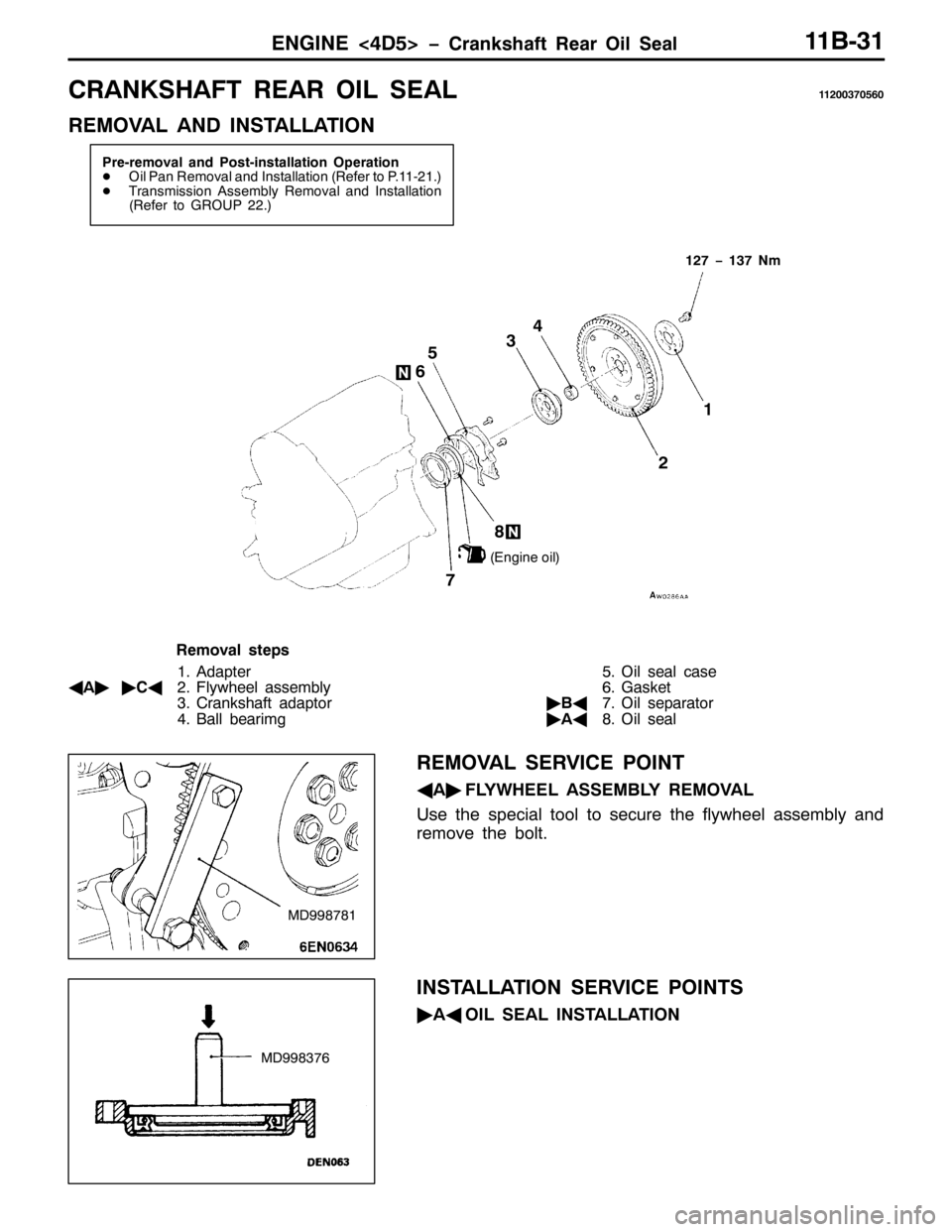 MITSUBISHI PAJERO SPORT 1998  Workshop Manual (1*,1(?78!ï&UDQNVKDIW 5HDU 2LO 6HDO44%064
&5$1.6+$)7 5($5 2,/ 6($/445336:3893
5(029$/ $1 ,167$//$7,21
3UH0UHPRYDO DQG 3RVW0LQVWDOODWLRQ 2SHUDWLRQ
-2LO 3DQ 5HPRYDO DQG ,QVWDOODWLRQ+5HIHU WR 31440541