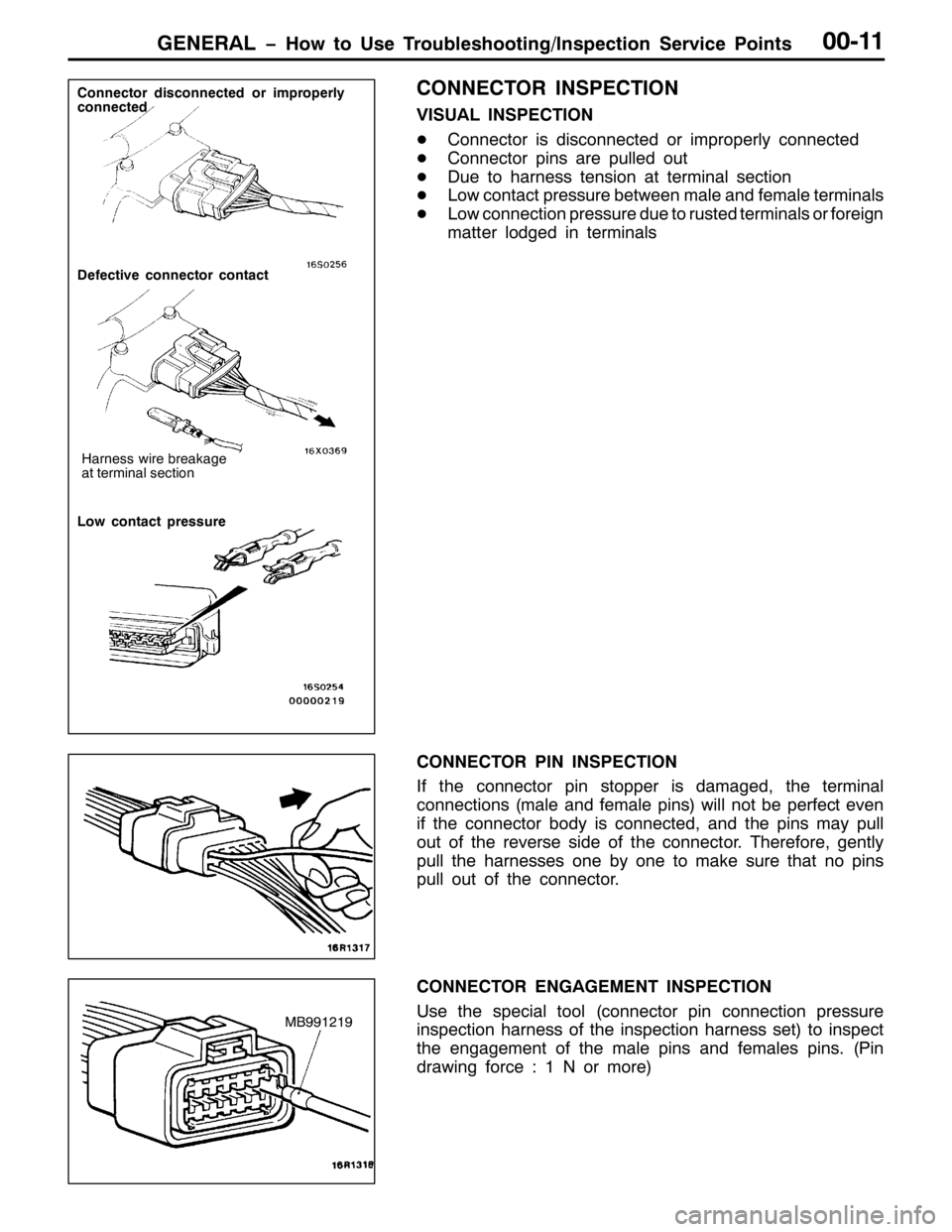 MITSUBISHI PAJERO SPORT 1998  Workshop Manual *(1(5$/ ï+RZ WR 8VH 7URXEOHVKRRWLQJ2,QVSHFWLRQ 6HUYLFH 3RLQWV33044
&211(&725 ,163(&7,21
9,68$/ ,163(&7,21
-&RQQHFWRU LV GLVFRQQHFWHG RU LPSURSHUO\ FRQQHFWHG
-&RQQHFWRU SLQV DUH SXOOHG RXW
-XH WR KDU
