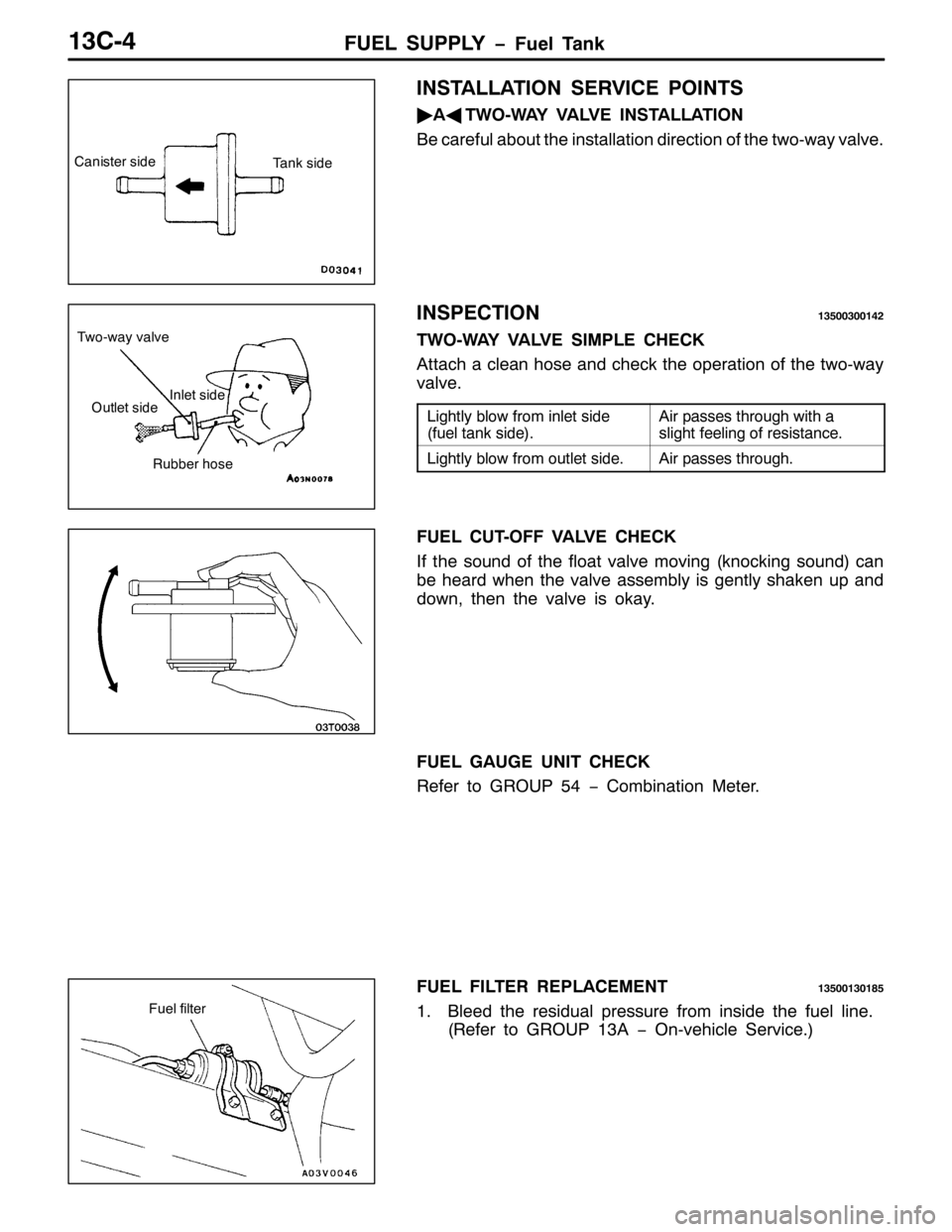 MITSUBISHI PAJERO SPORT 1998  Workshop Manual )8(/ 6833/< ï)XHO 7DQN46&07
,167$//$7,21 6(59,&( 32,176
ò
$*
7:20:$< 9$/9( ,167$//$7,21
%H FDUHIXO DERXW WKH LQVWDOODWLRQ GLUHFWLRQ RI WKH WZR0ZD\ YDOYH1
,163(&7,2146833633475
7:20:$< 9$/9( 6,03/( &