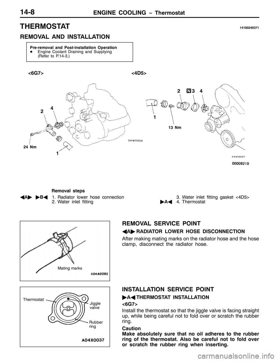 MITSUBISHI PAJERO SPORT 1998  Workshop Manual (1*,1( &22/,1* ï7KHUPRVWDW470;
7+(50267$7474335736:4
5(029$/ $1 ,167$//$7,21
3UH0UHPRYDO DQG 3RVW0LQVWDOODWLRQ 2SHUDWLRQ
-(QJLQH &RRODQW UDLQLQJ DQG 6XSSO\LQJ
+5HIHU WR 3147061,
?9*:!?78!
56
571P
