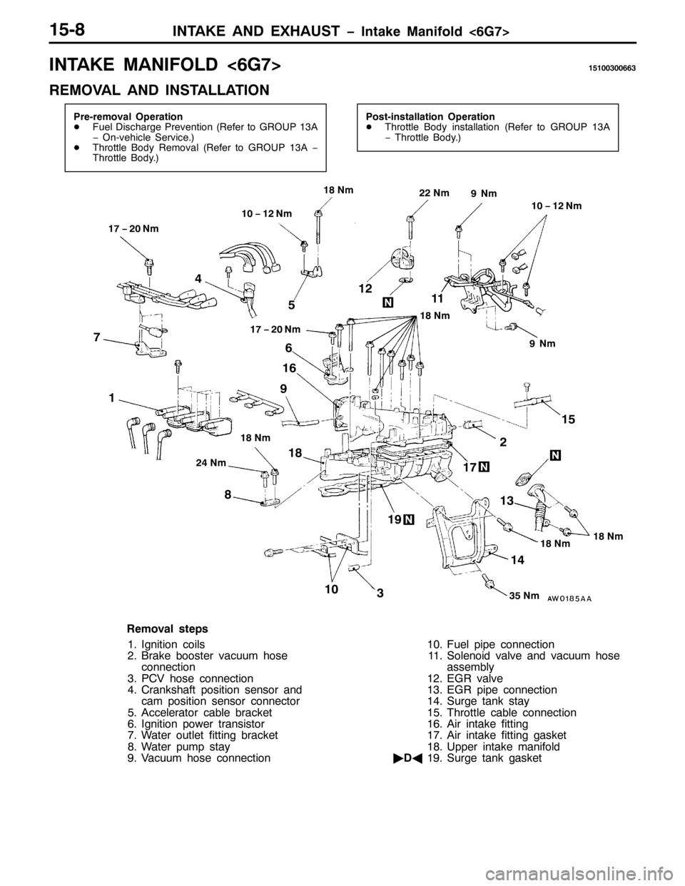MITSUBISHI PAJERO SPORT 1998  Workshop Manual ,17$.( $1 (;+$867 ï,QWDNH 0DQLIROG?9*:!480;
,17$.( 0$1,)2/?9*:!48433633996
5(029$/ $1 ,167$//$7,21
3UH0UHPRYDO 2SHUDWLRQ
-)XHO LVFKDUJH 3UHYHQWLRQ+5HIHU WR *528346$
ï2Q0YHKLFOH 6HUYLFH1,
-7KURWW