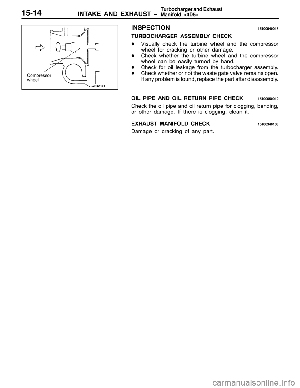 MITSUBISHI PAJERO SPORT 1998  Workshop Manual ,17$.( $1 (;+$867 ï
7XUERFKDUJHU DQG ([KDXVW
0DQLIROG?78!48047
,163(&7,214843397334:
785%2&+$5*(5 $66(0%/< &+(&.
-9LVXDOO\ FKHFN WKH WXUELQH ZKHHO DQG WKH FRPSUHVVRU
ZKHHO IRU FUDFNLQJ RU RWKHU GDP