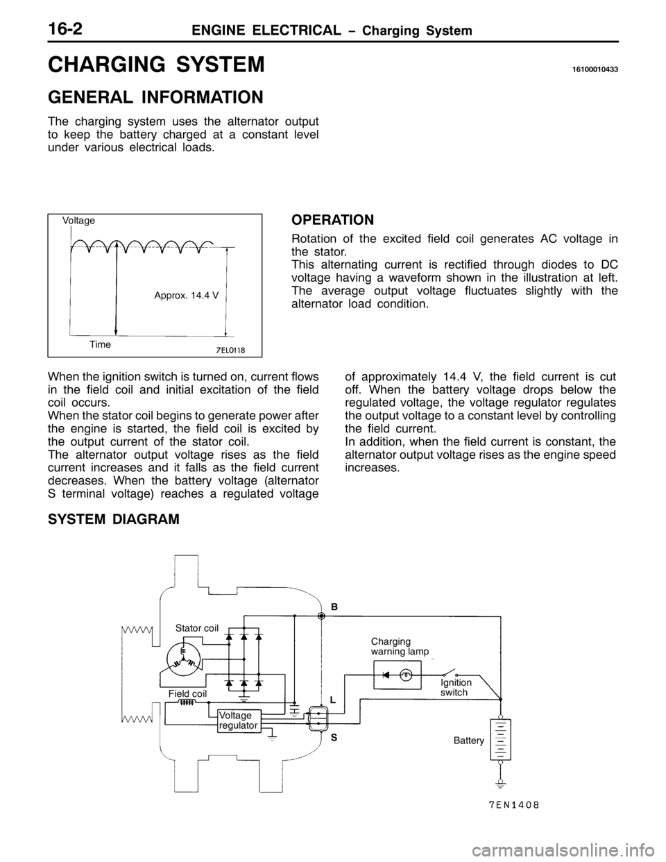 MITSUBISHI PAJERO SPORT 1998 Workshop Manual (1*,1( (/(&75,&$/ ï&KDUJLQJ 6\VWHP4905
&+$5*,1* 6<67(049433343766
*(1(5$/ ,1)250$7,21
7KH FKDUJLQJ V\VWHP XVHV WKH DOWHUQDWRU RXWSXW
WR NHHS WKH EDWWHU\ FKDUJHG DW D FRQVWDQW OHYHO
XQGHU YDULRXV HOHF MITSUBISHI PAJERO SPORT 1998 Workshop Manual (1*,1( (/(&75,&$/ ï&KDUJLQJ 6\VWHP4905
&+$5*,1* 6<67(049433343766
*(1(5$/ ,1)250$7,21
7KH FKDUJLQJ V\VWHP XVHV WKH DOWHUQDWRU RXWSXW
WR NHHS WKH EDWWHU\ FKDUJHG DW D FRQVWDQW OHYHO
XQGHU YDULRXV HOHF