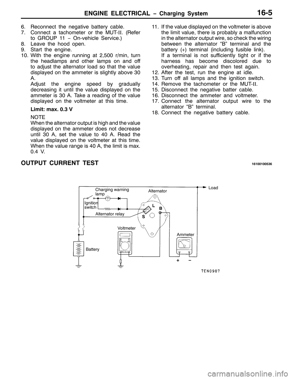 MITSUBISHI PAJERO SPORT 1998  Workshop Manual (1*,1( (/(&75,&$/ ï&KDUJLQJ 6\VWHP4908
915HFRQQHFW WKH QHJDWLYH EDWWHU\ FDEOH1
:1&RQQHFW D WDFKRPHWHU RU WKH 0870,,1+5HIHU
WR *528344ï2Q0YHKLFOH 6HUYLFH1,
;1/HDYH WKH KRRG RSHQ1
<16WDUW WKH HQJLQH1
