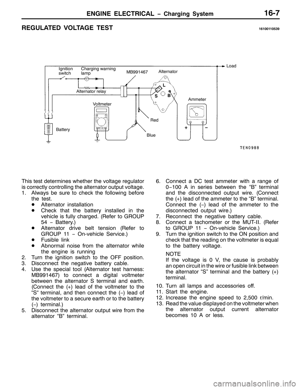 MITSUBISHI PAJERO SPORT 1998  Workshop Manual (1*,1( (/(&75,&$/ ï&KDUJLQJ 6\VWHP490:
5(*8/$7( 92/7$*( 7(674943344386<
%
6/ ,JQLWLRQ
VZLWFK&KDUJLQJ ZDUQLQJ
ODPS0%<<479:$OWHUQDWRU
$OWHUQDWRU UHOD\
9R OWPH WH U
%DWWHU\
%OXH$PPHWHU/RDG
5HG
.ï
7KLV