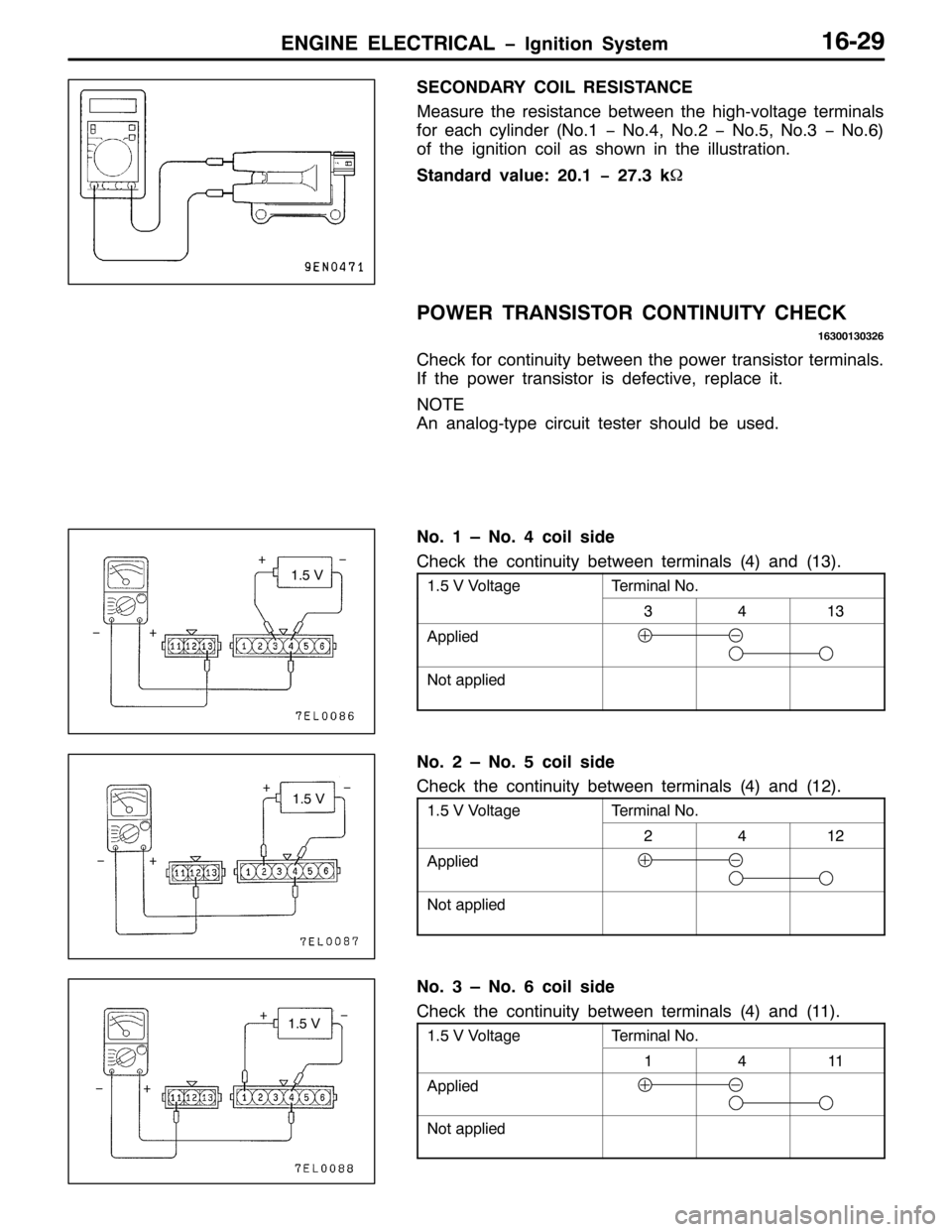 MITSUBISHI PAJERO SPORT 1998  Workshop Manual (1*,1( (/(&75,&$/ ï,JQLWLRQ 6\VWHP4905<
6(&21$5< &2,/ 5(6,67$1&(
0HDVXUH WKH UHVLVWDQFH EHWZHHQ WKH KLJK0YROWDJH WHUPLQDOV
IRU HDFK F\OLQGHU+1R14ï1R17/1R15ï1R18/1R16ï1R19,
RI WKH LJQLWLRQ FRLO DV