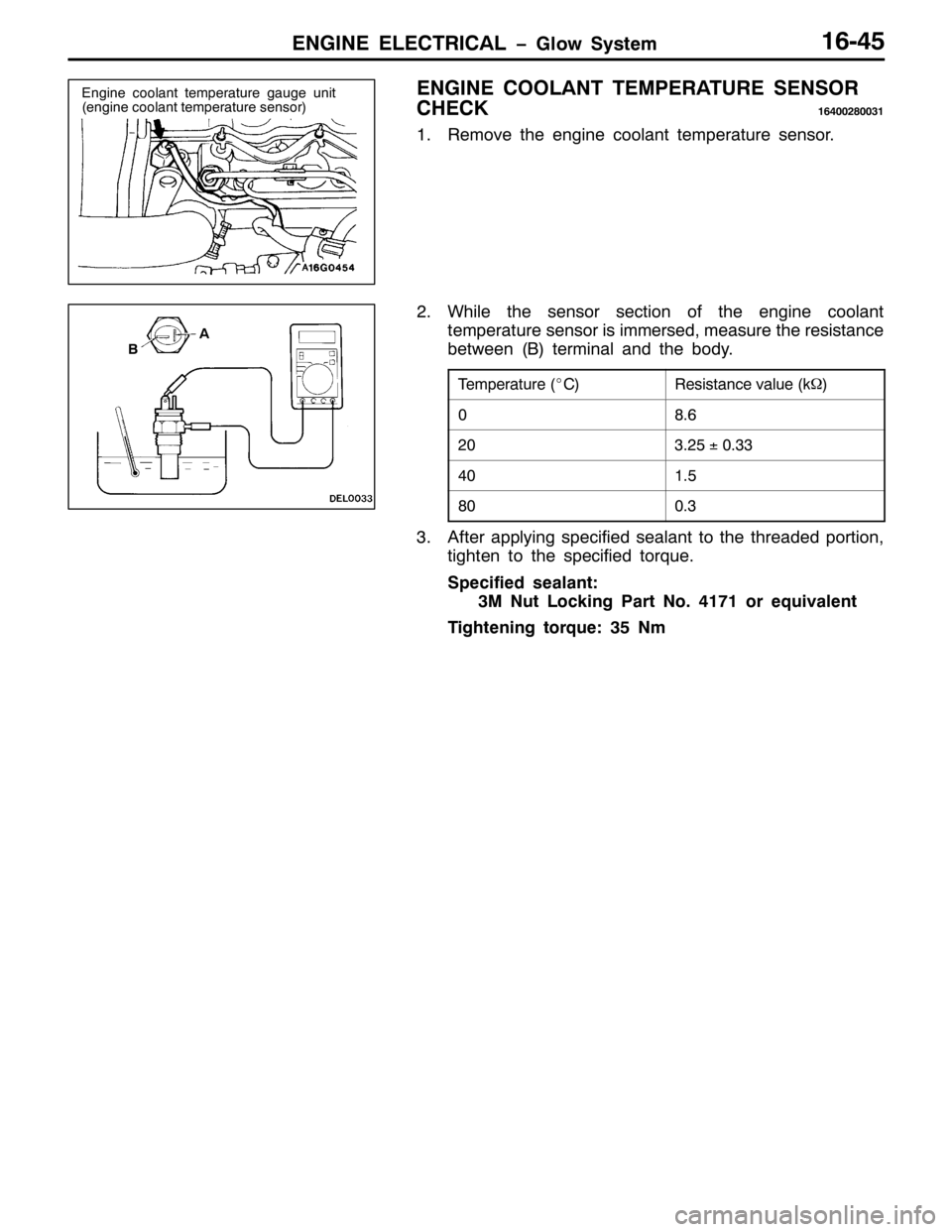 MITSUBISHI PAJERO SPORT 1998  Workshop Manual (1*,1( (/(&75,&$/ ï*ORZ 6\VWHP49078
(1*,1( &22/$17 7(03(5$785( 6(1625
&+(&.
497335;3364
415HPRYH WKH HQJLQH FRRODQW WHPSHUDWXUH VHQVRU1
51:KLOH WKH VHQVRU VHFWLRQ RI WKH HQJLQH FRRODQW
WHPSHUDWXUH VH